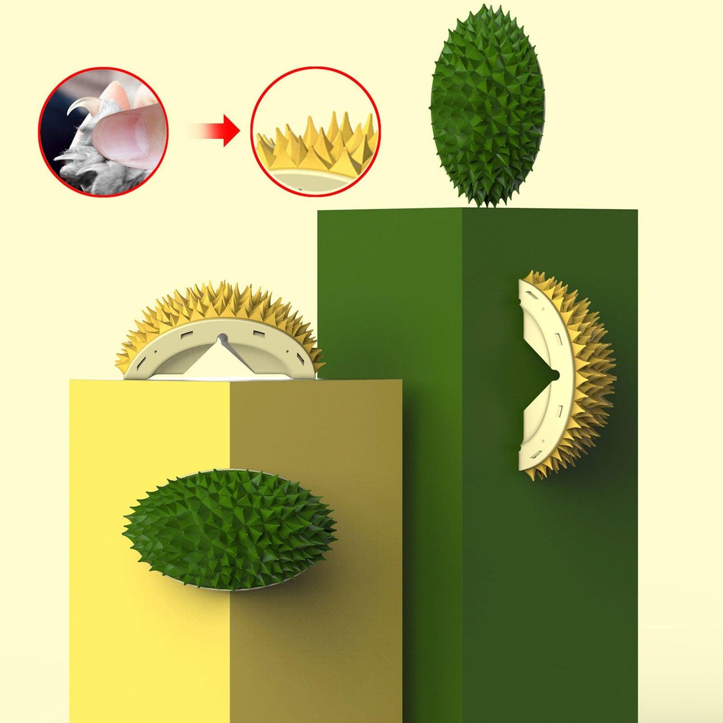 Durian Cat Brush, Dog Cat Self Groomer, Wall Corner Scratcher Massage Combs Durian Shape Molars Eat Slowly Toys Multifunctional Scratch Massager Tool Pets Clean Teeth-2